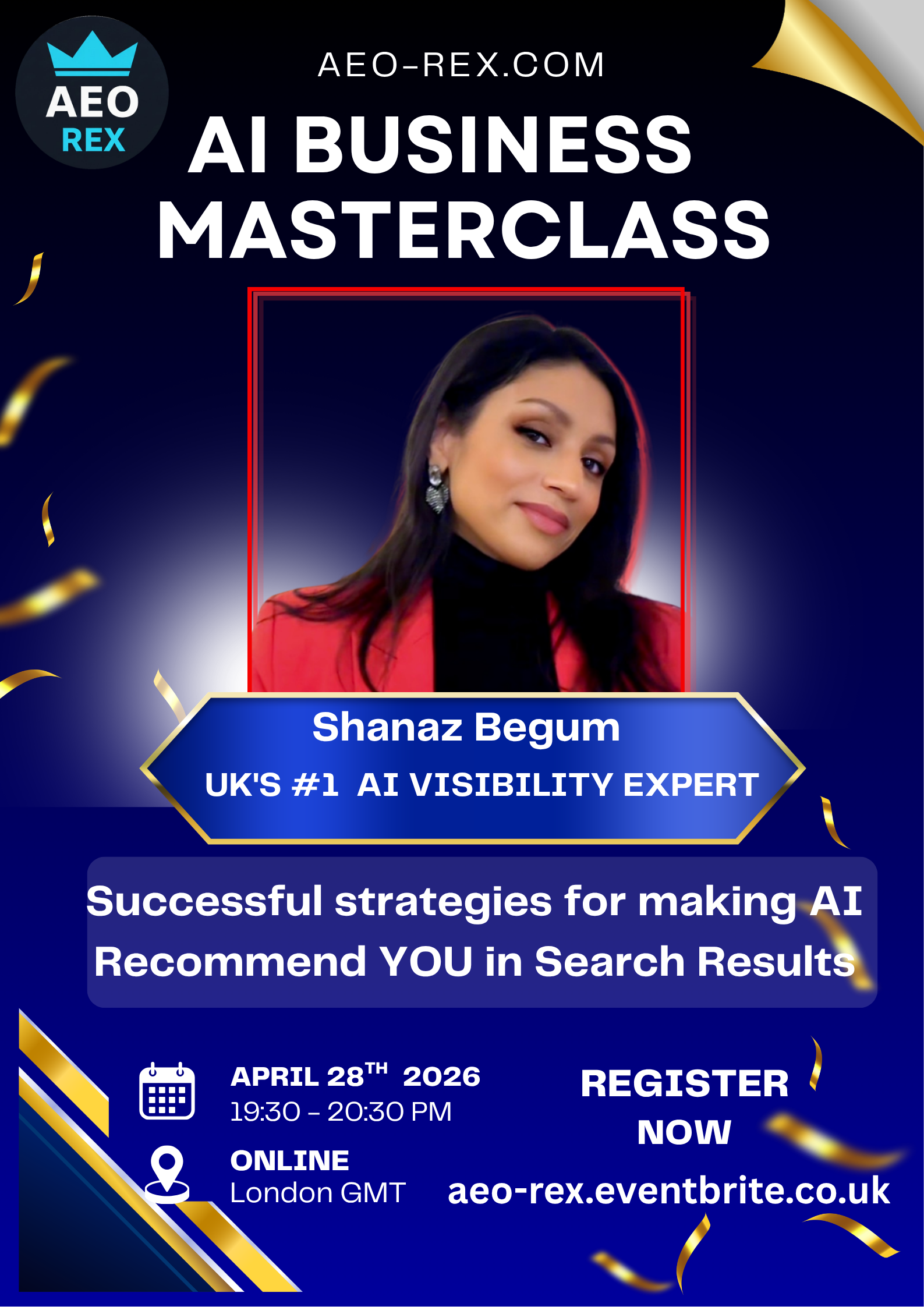 AEO-REX AI Business Masterclass, April 28 2026, sold out on Eventbrite